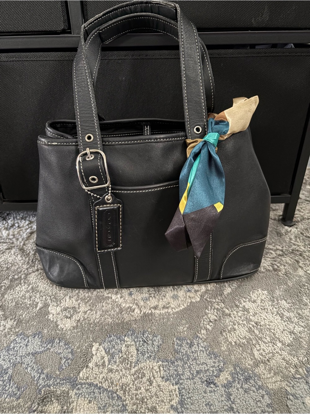 2002 Coach Black Leather Shoulder Bag with Multicolor Scarf Accent